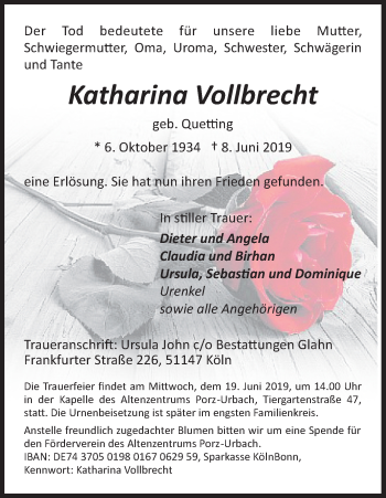 Anzeige von Katharina Vollbrecht von Kölner Stadt-Anzeiger / Kölnische Rundschau / Express