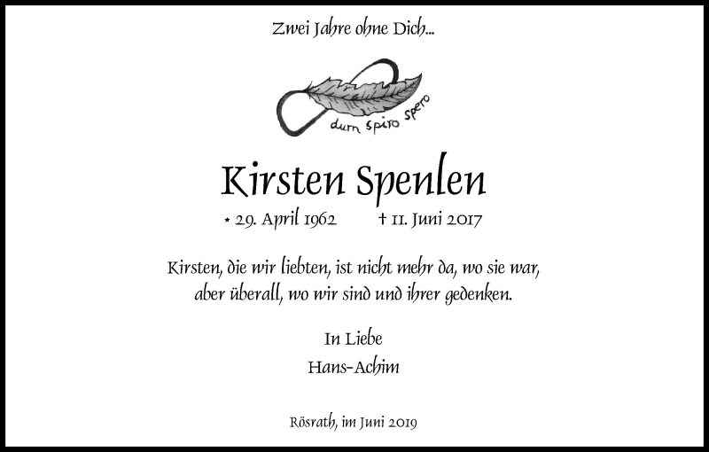  Traueranzeige für Kirsten Spenlen vom 08.06.2019 aus Kölner Stadt-Anzeiger / Kölnische Rundschau / Express