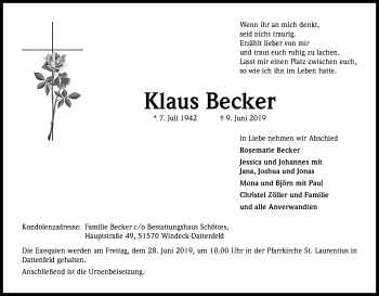 Anzeige von Klaus Becker von Kölner Stadt-Anzeiger / Kölnische Rundschau / Express
