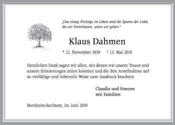 Anzeige von Klaus Dahmen von  Schlossbote/Werbekurier 