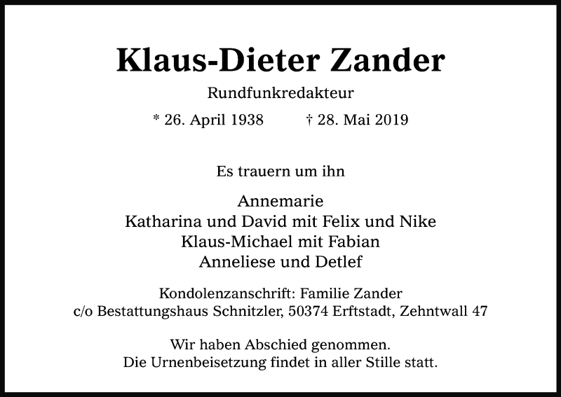  Traueranzeige für Klaus-Dieter Zander vom 05.06.2019 aus Kölner Stadt-Anzeiger / Kölnische Rundschau / Express