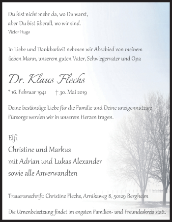 Anzeige von Klaus Flechs von Kölner Stadt-Anzeiger / Kölnische Rundschau / Express