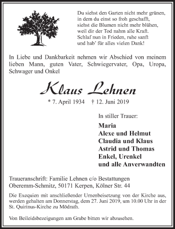 Anzeige von Klaus Lehnen von  Sonntags-Post 