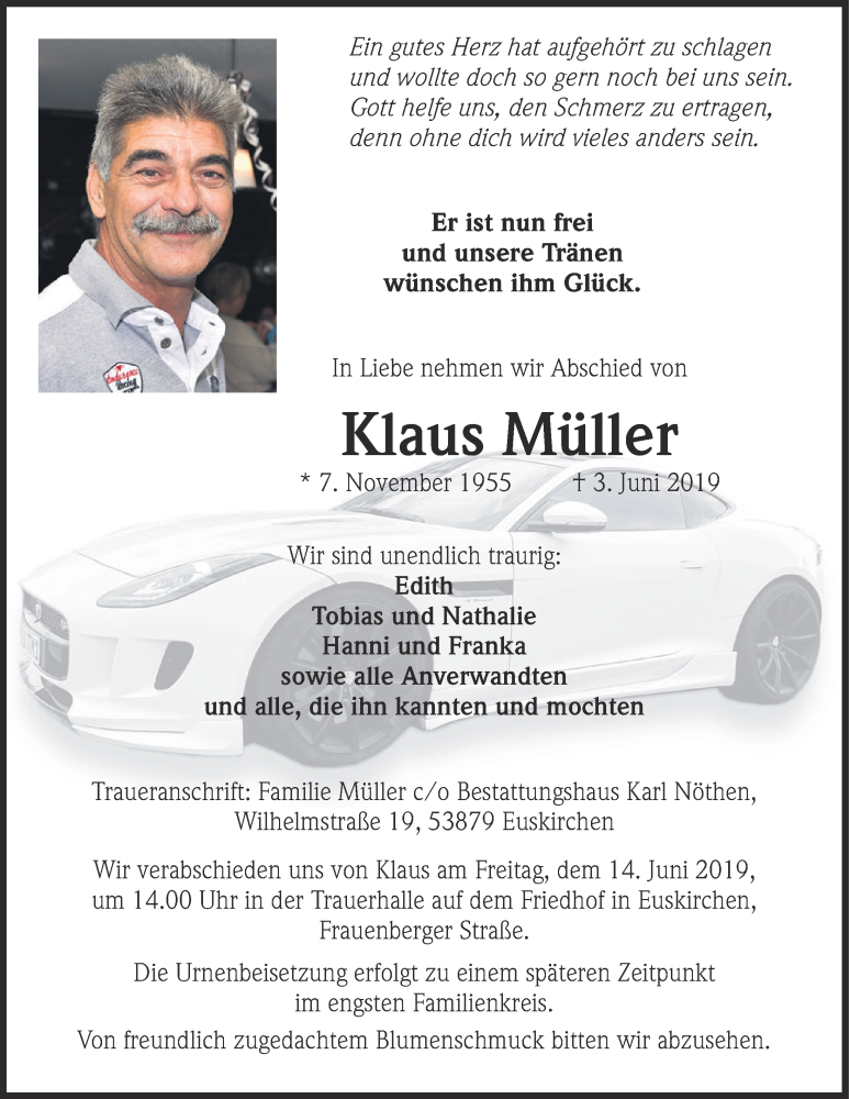  Traueranzeige für Klaus Müller vom 08.06.2019 aus  Blickpunkt Euskirchen 