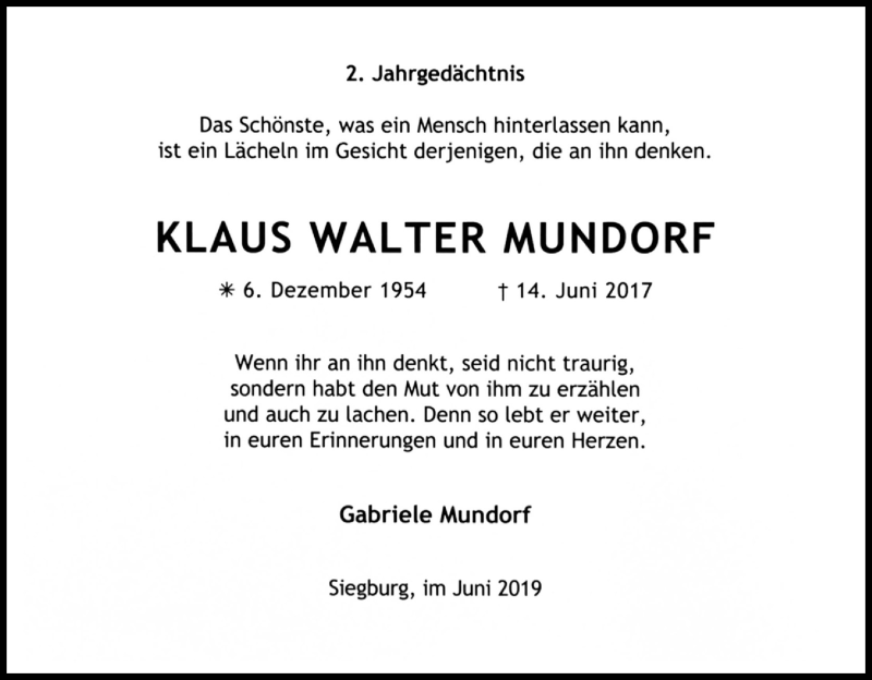  Traueranzeige für Klaus Walter Mundorf vom 14.06.2019 aus Kölner Stadt-Anzeiger / Kölnische Rundschau / Express
