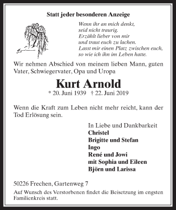 Anzeige von Kurt Arnold von  Wochenende 