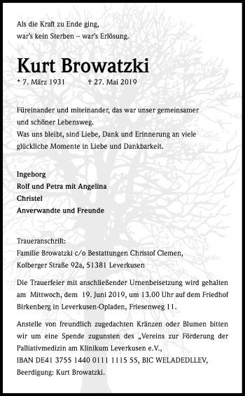 Anzeige von Kurt Browatzki von Kölner Stadt-Anzeiger / Kölnische Rundschau / Express
