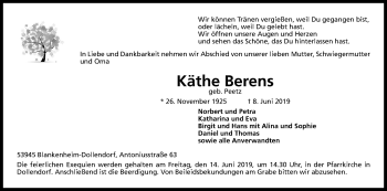 Anzeige von Käthe Berens von Kölner Stadt-Anzeiger / Kölnische Rundschau / Express