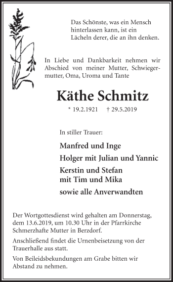 Anzeige von Käthe Schmitz von  Schlossbote/Werbekurier 