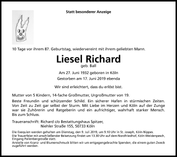 Anzeige von Liesel Richard von Kölner Stadt-Anzeiger / Kölnische Rundschau / Express