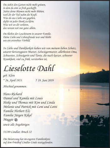 Anzeige von Lieserotte Dahl von Kölner Stadt-Anzeiger / Kölnische Rundschau / Express