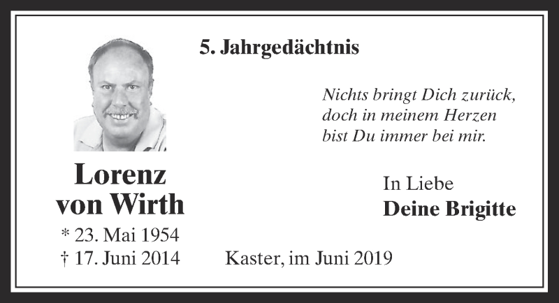  Traueranzeige für Lorenz von Wirth vom 18.07.2023 aus  Werbepost 