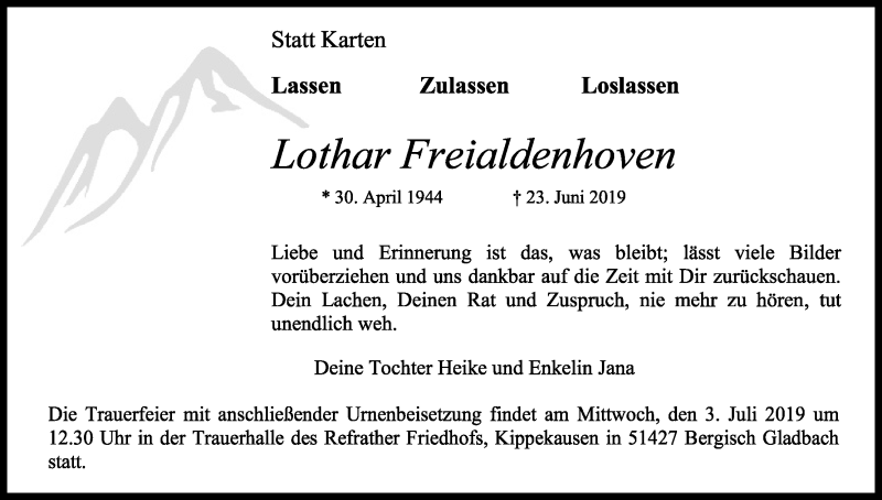  Traueranzeige für Lothar Freialdenhoven vom 26.06.2019 aus Kölner Stadt-Anzeiger / Kölnische Rundschau / Express