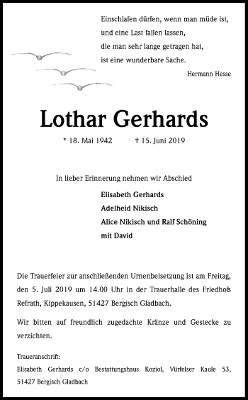 Anzeige von Lothar Gerhards von Kölner Stadt-Anzeiger / Kölnische Rundschau / Express
