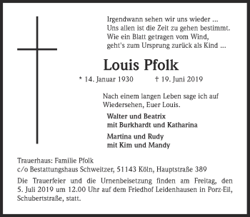 Anzeige von Louis Pfolk von  Kölner Wochenspiegel 