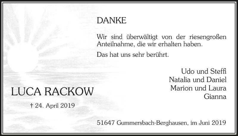  Traueranzeige für Luca Rackow vom 12.06.2019 aus  Anzeigen Echo 