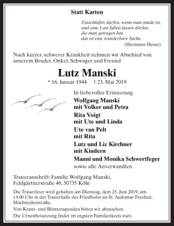 Anzeige von Lutz Manski von  Wochenende 