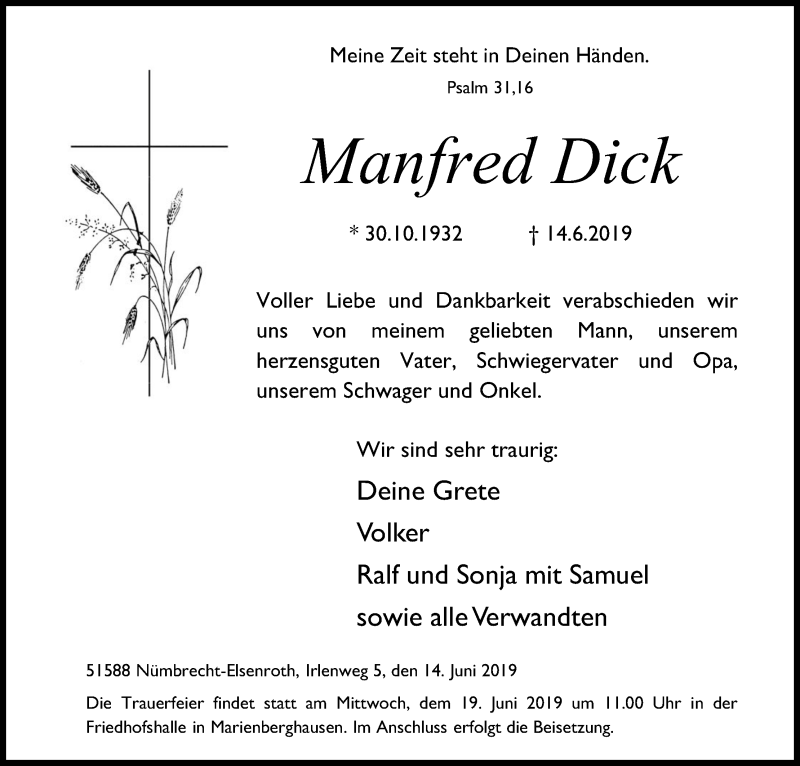  Traueranzeige für Manfred Dick vom 18.06.2019 aus Kölner Stadt-Anzeiger / Kölnische Rundschau / Express