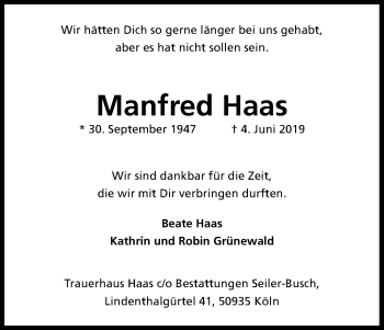Anzeige von Manfred Haas von Kölner Stadt-Anzeiger / Kölnische Rundschau / Express