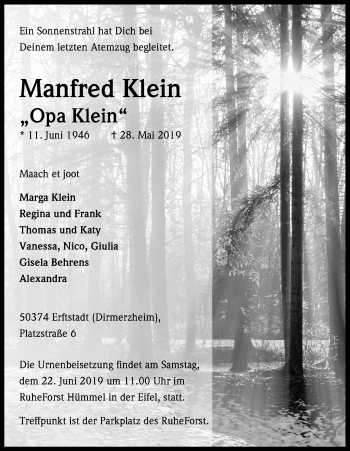 Anzeige von Manfred Klein von Kölner Stadt-Anzeiger / Kölnische Rundschau / Express
