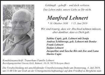 Anzeige von Manfred Lehnert von  Werbepost 