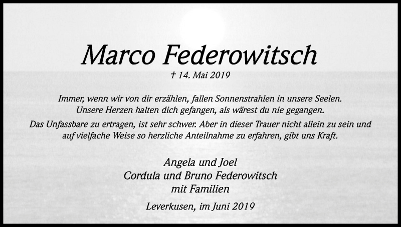  Traueranzeige für Marco Federowitsch vom 08.06.2019 aus Kölner Stadt-Anzeiger / Kölnische Rundschau / Express