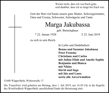 Anzeige von Marga Jakubassa von Kölner Stadt-Anzeiger / Kölnische Rundschau / Express