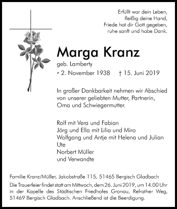 Anzeige von Marga Kranz von Kölner Stadt-Anzeiger / Kölnische Rundschau / Express