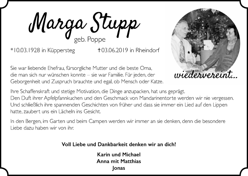 Traueranzeige für Marga Stupp vom 22.06.2019 aus Kölner Stadt-Anzeiger / Kölnische Rundschau / Express
