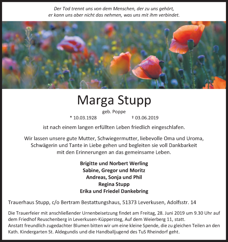  Traueranzeige für Marga Stupp vom 22.06.2019 aus Kölner Stadt-Anzeiger / Kölnische Rundschau / Express
