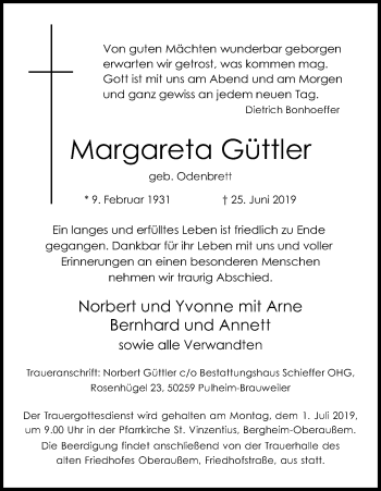 Anzeige von Margareta Güttler von Kölner Stadt-Anzeiger / Kölnische Rundschau / Express