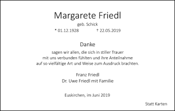 Anzeige von Margarete Friedl von Kölner Stadt-Anzeiger / Kölnische Rundschau / Express