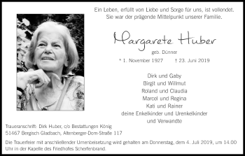 Anzeige von Margarete Huber von Kölner Stadt-Anzeiger / Kölnische Rundschau / Express