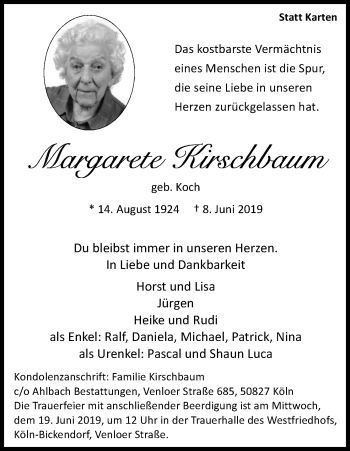 Anzeige von Margarete Kirschbaum von Kölner Stadt-Anzeiger / Kölnische Rundschau / Express