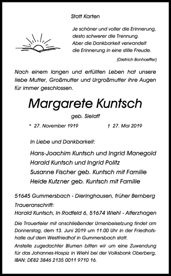 Anzeige von Margarete Kuntsch von Kölner Stadt-Anzeiger / Kölnische Rundschau / Express