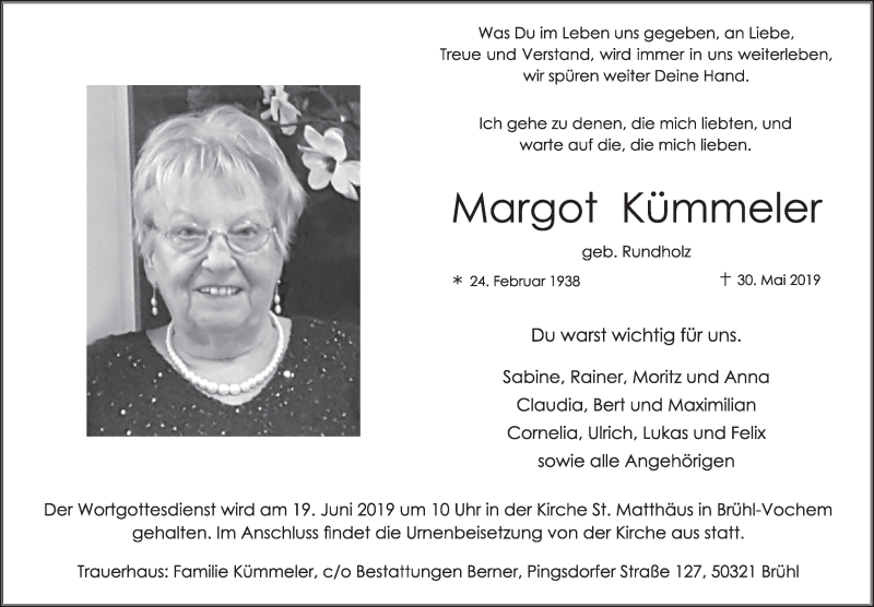  Traueranzeige für Margot Kümmeler vom 12.06.2019 aus  Schlossbote/Werbekurier 
