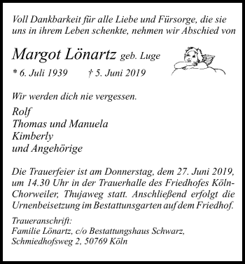 Anzeige von Margot Lönartz von Kölner Stadt-Anzeiger / Kölnische Rundschau / Express