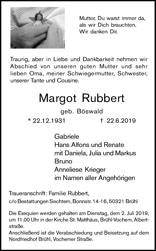  Traueranzeige für Margot Rubbert vom 29.06.2019 aus Kölner Stadt-Anzeiger / Kölnische Rundschau / Express