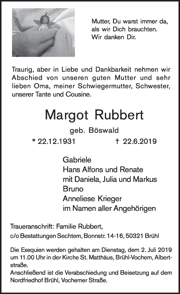  Traueranzeige für Margot Rubbert vom 26.06.2019 aus  Schlossbote/Werbekurier 