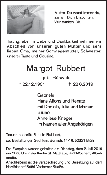 Anzeige von Margot Rubbert von  Schlossbote/Werbekurier 
