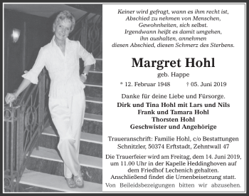 Anzeige von Margret Hohl von  Werbepost 