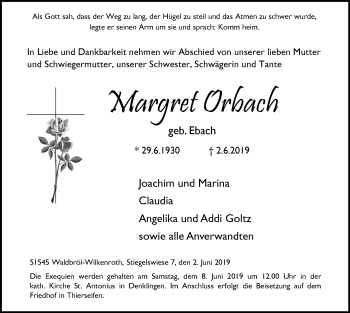 Anzeige von Margret Orbach von  Lokalanzeiger 