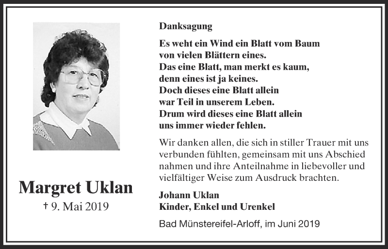  Traueranzeige für Margret Uklan vom 22.06.2019 aus  Blickpunkt Euskirchen 