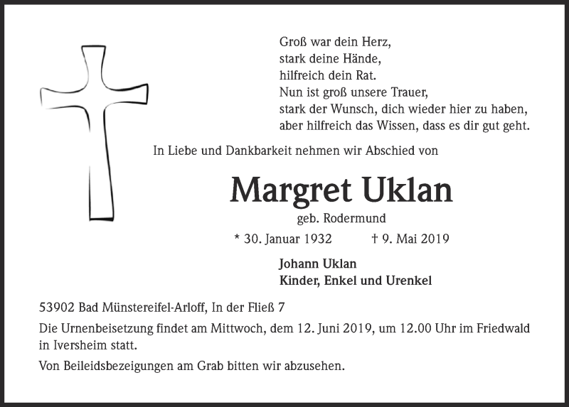  Traueranzeige für Margret Uklan vom 08.06.2019 aus  Blickpunkt Euskirchen 