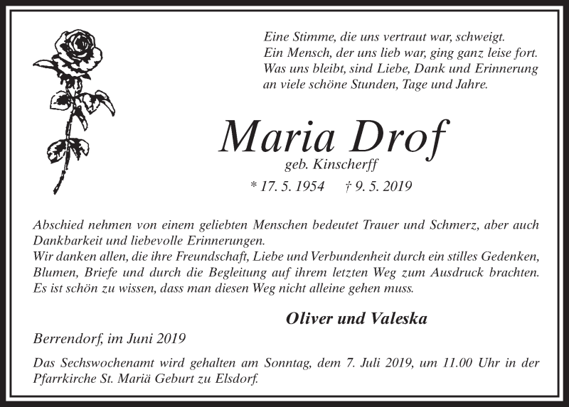  Traueranzeige für Maria Drof vom 22.06.2019 aus  Sonntags-Post 