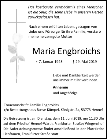 Anzeige von Maria Engbroichs von Kölner Stadt-Anzeiger / Kölnische Rundschau / Express