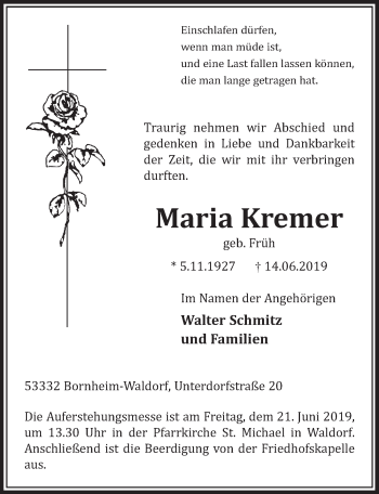 Anzeige von Maria Kremer von  Schaufenster/Blickpunkt  Schlossbote/Werbekurier 