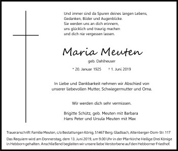 Anzeige von Maria Meuten von Kölner Stadt-Anzeiger / Kölnische Rundschau / Express