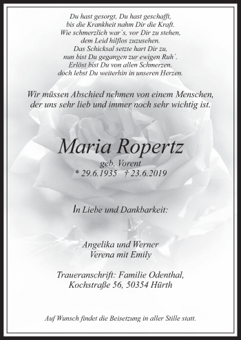 Anzeige von Maria Ropertz von  Wochenende 