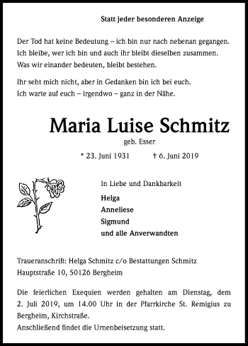 Anzeige von Maria Luise Schmitz von Kölner Stadt-Anzeiger / Kölnische Rundschau / Express